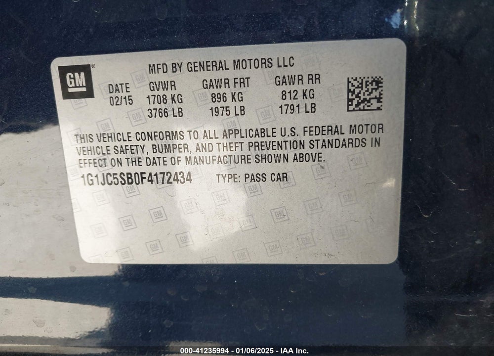 2015 CHEVROLET SONIC LT AUTO VIN: 1G1JC5SB0F4172434