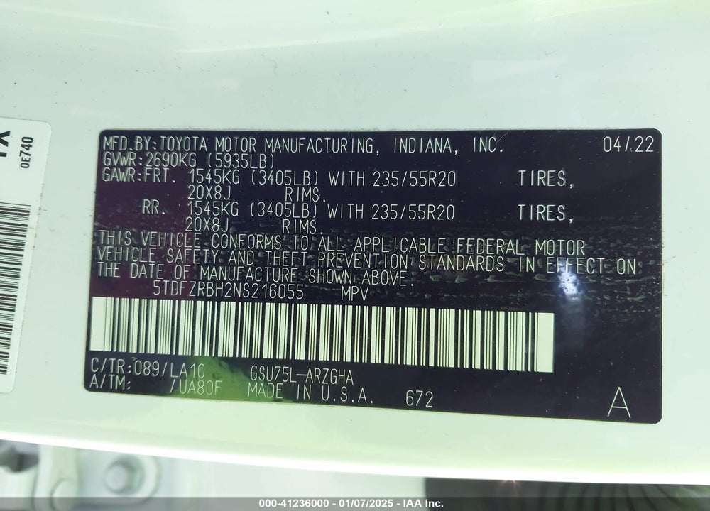 2022 TOYOTA HIGHLANDER VIN: 5TDFZRBH2NS216055