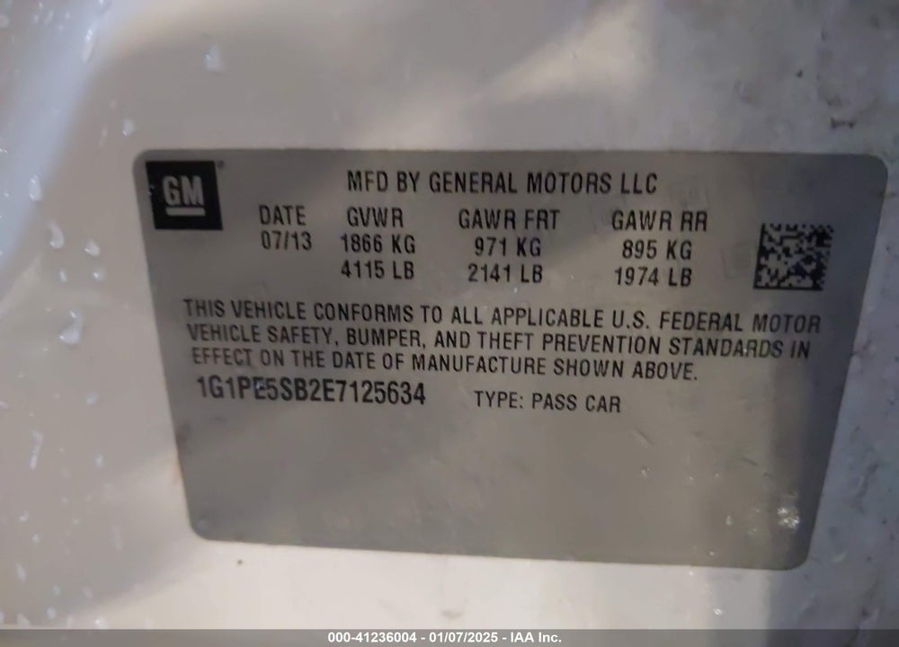 2014 CHEVROLET CRUZE 2LT AUTO VIN: 1G1PE5SB2E7125634
