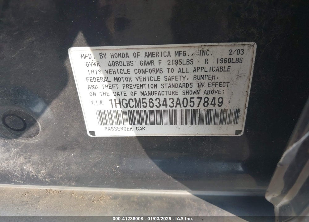 2003 HONDA ACCORD 2.4 LX VIN: 1HGCM56343A057849