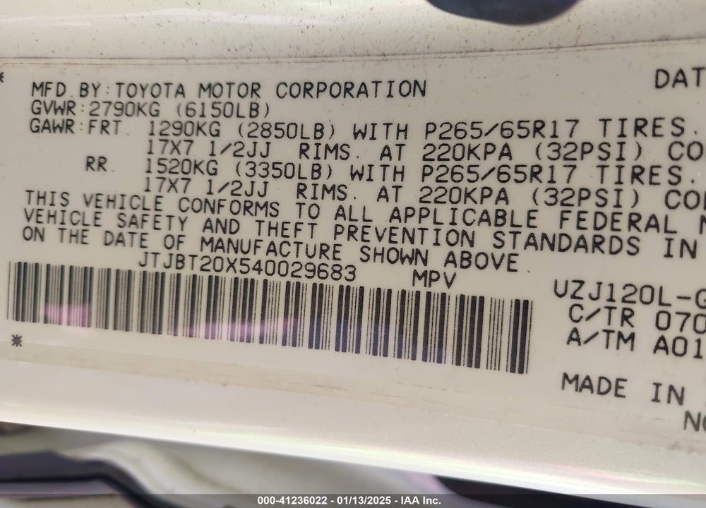 2004 LEXUS GX 470 VIN: JTJBT20X540029683