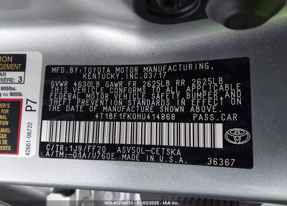 2017 TOYOTA CAMRY VIN: 4T1BF1FK0HU414868