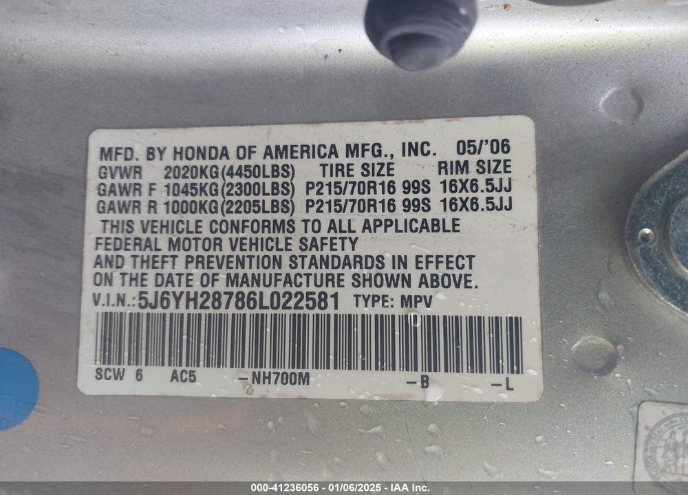 2006 HONDA ELEMENT EX-P VIN: 5J6YH28786L022581
