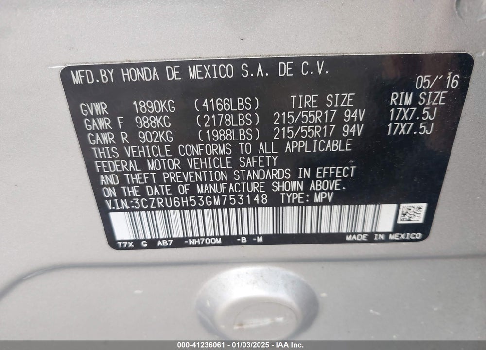 2016 HONDA HR-V EX VIN: 3CZRU6H53GM753148