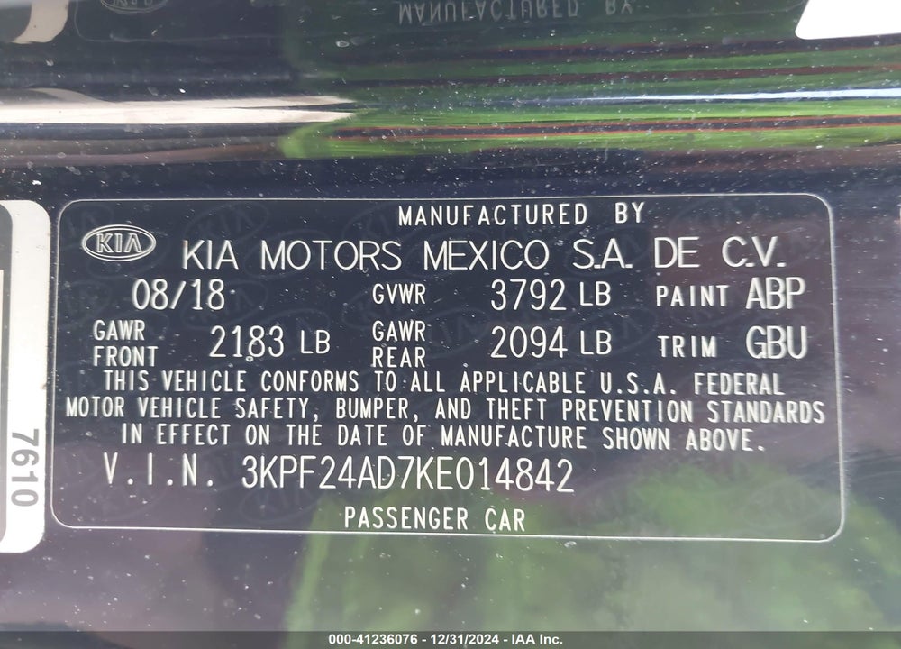 2019 KIA FORTE LXS VIN: 3KPF24AD7KE014842