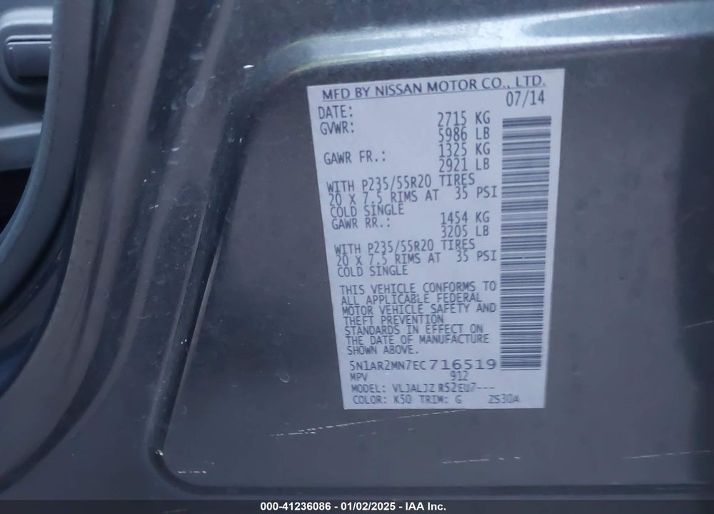 2014 NISSAN PATHFINDER PLATINUM VIN: 5N1AR2MN7EC716519