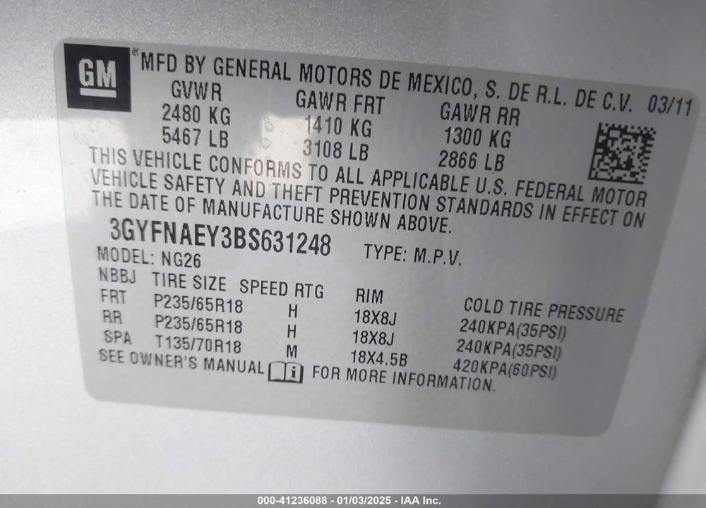 2011 CADILLAC SRX LUXURY COLLECTION VIN: 3GYFNAEY3BS631248