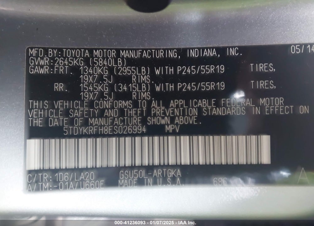 2014 TOYOTA HIGHLANDER LIMITED V6 VIN: 5TDYKRFH8ES026994