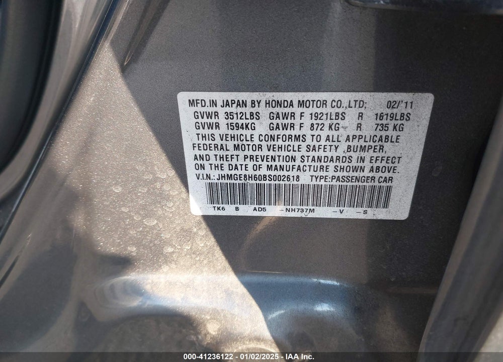 2011 HONDA FIT SPORT VIN: JHMGE8H60BS002618