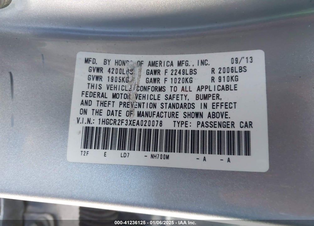 2014 HONDA ACCORD LX VIN: 1HGCR2F3XEA020078