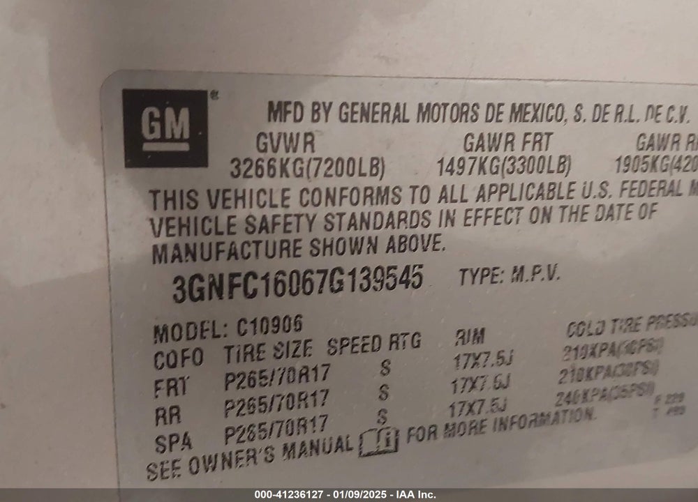 2007 CHEVROLET SUBURBAN 1500 LT VIN: 3GNFC16067G139545