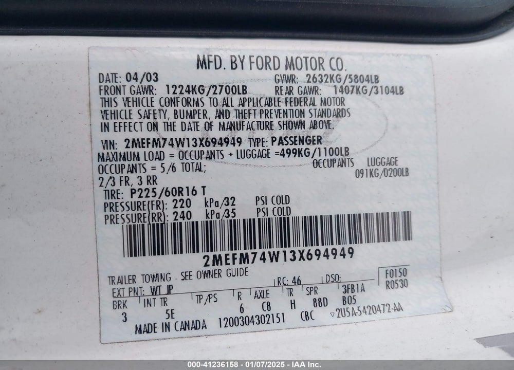 2003 MERCURY GRAND MARQUIS GS VIN: 2MEFM74W13X694949