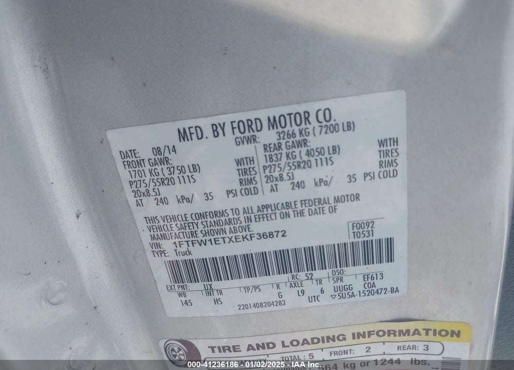 2014 FORD F-150 VIN: 1FTFW1ETXEKF36872
