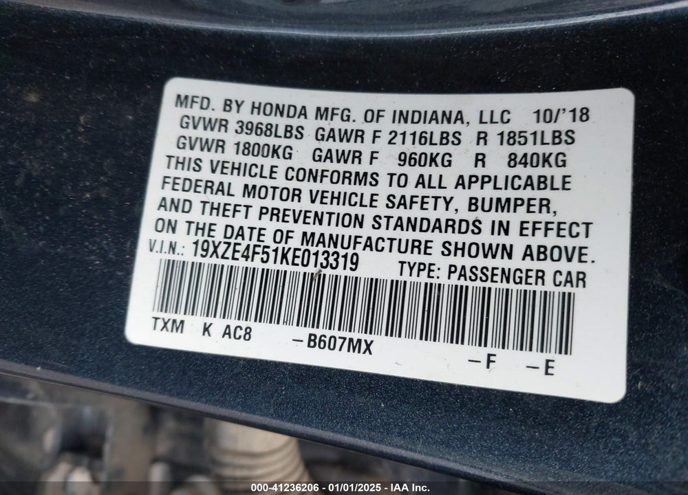 2019 HONDA INSIGHT EX VIN: 19XZE4F51KE013319