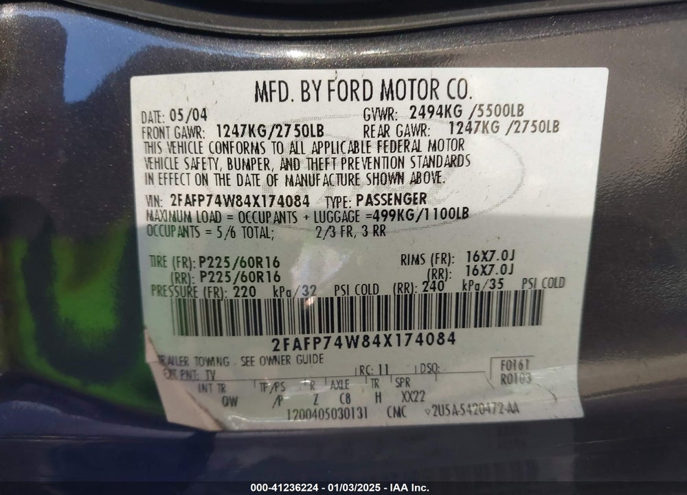 2004 FORD CROWN VICTORIA LX VIN: 2FAFP74W84X174084