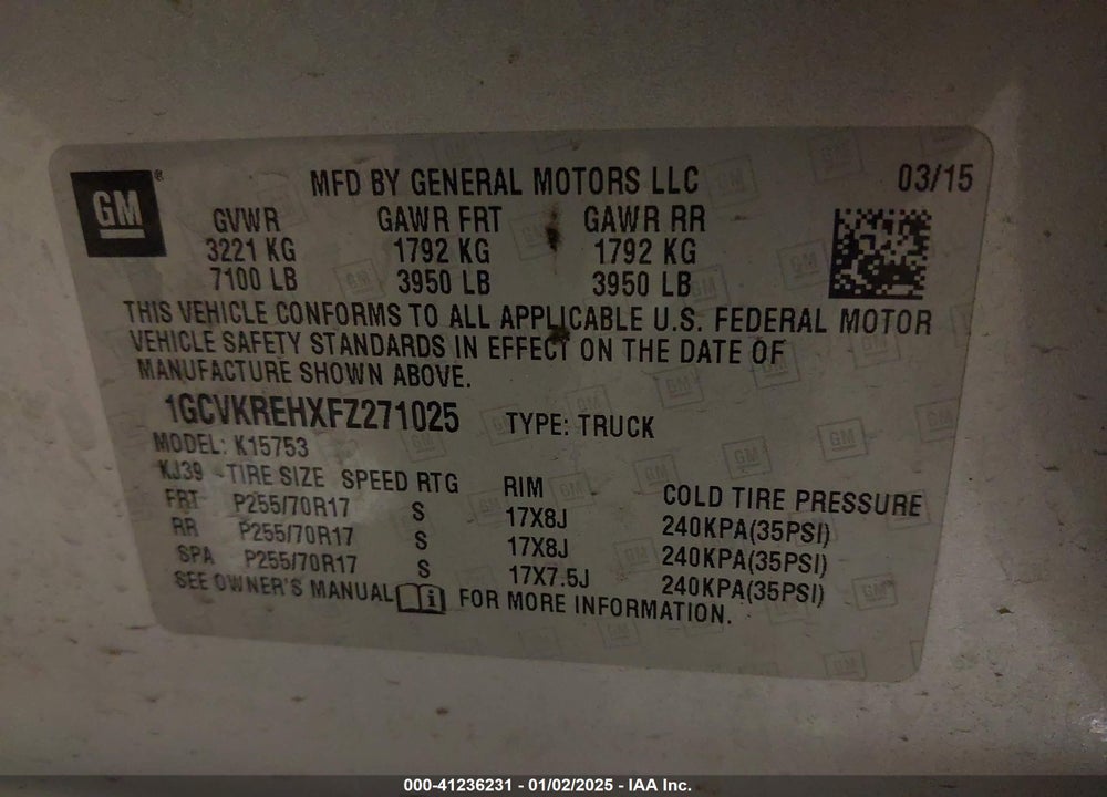 2015 CHEVROLET SILVERADO 1500 VIN: 1GCVKREHXFZ271025