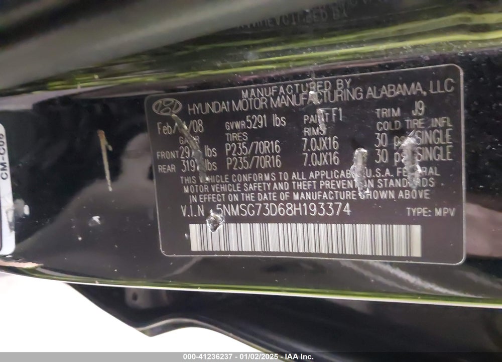 2008 HYUNDAI SANTA FE GLS VIN: 5NMSG73D68H193374
