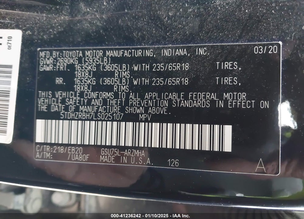 2020 TOYOTA HIGHLANDER VIN: 5TDHZRBH7LS025107