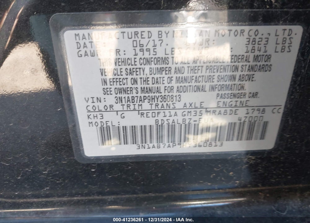 2017 NISSAN SENTRA S VIN: 3N1AB7AP9HY360813