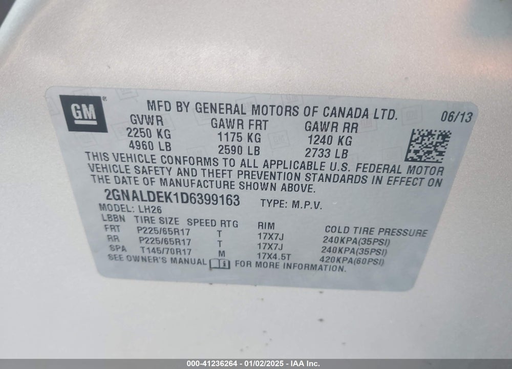 2013 CHEVROLET EQUINOX 1LT VIN: 2GNALDEK1D6399163