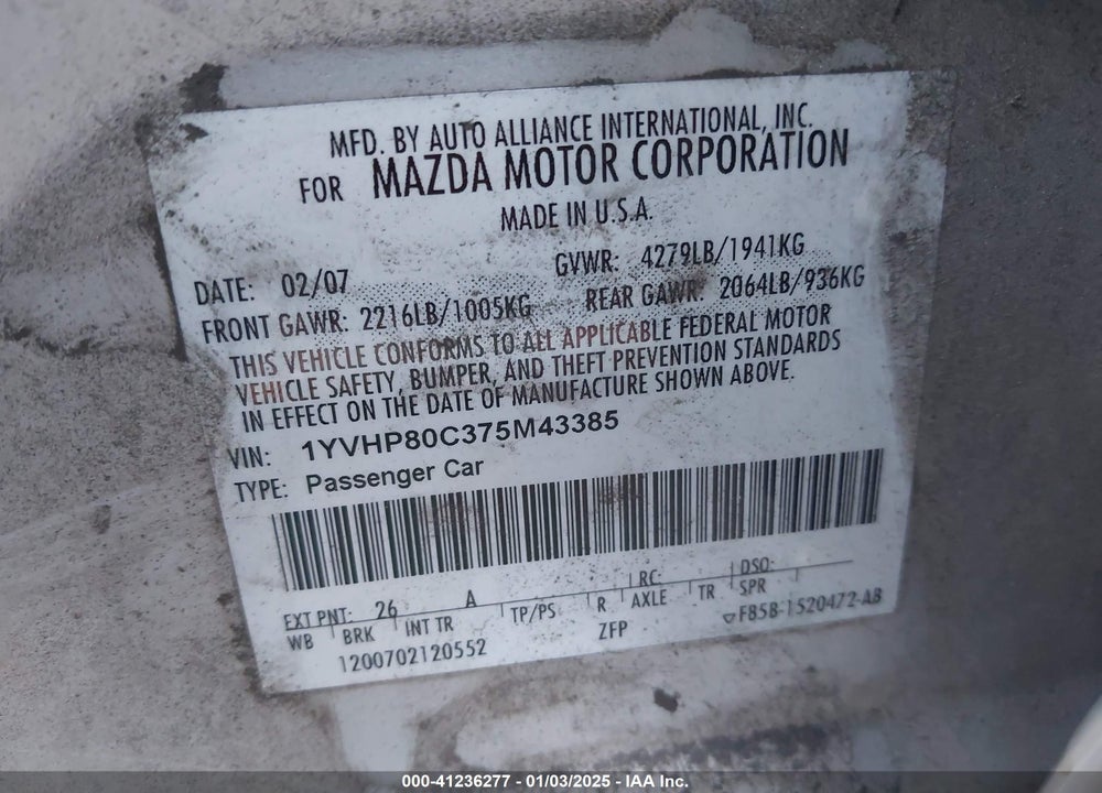 2007 MAZDA MAZDA6 VIN: 1YVHP80C375M43385