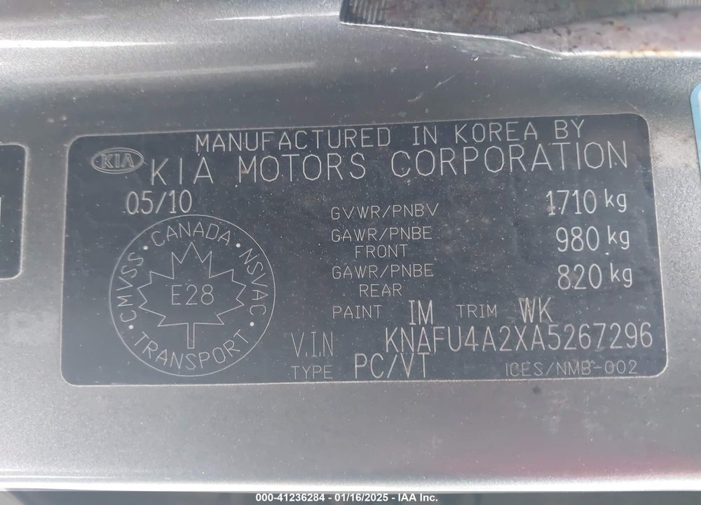2010 KIA FORTE VIN: KNAFU4A2XA5267296