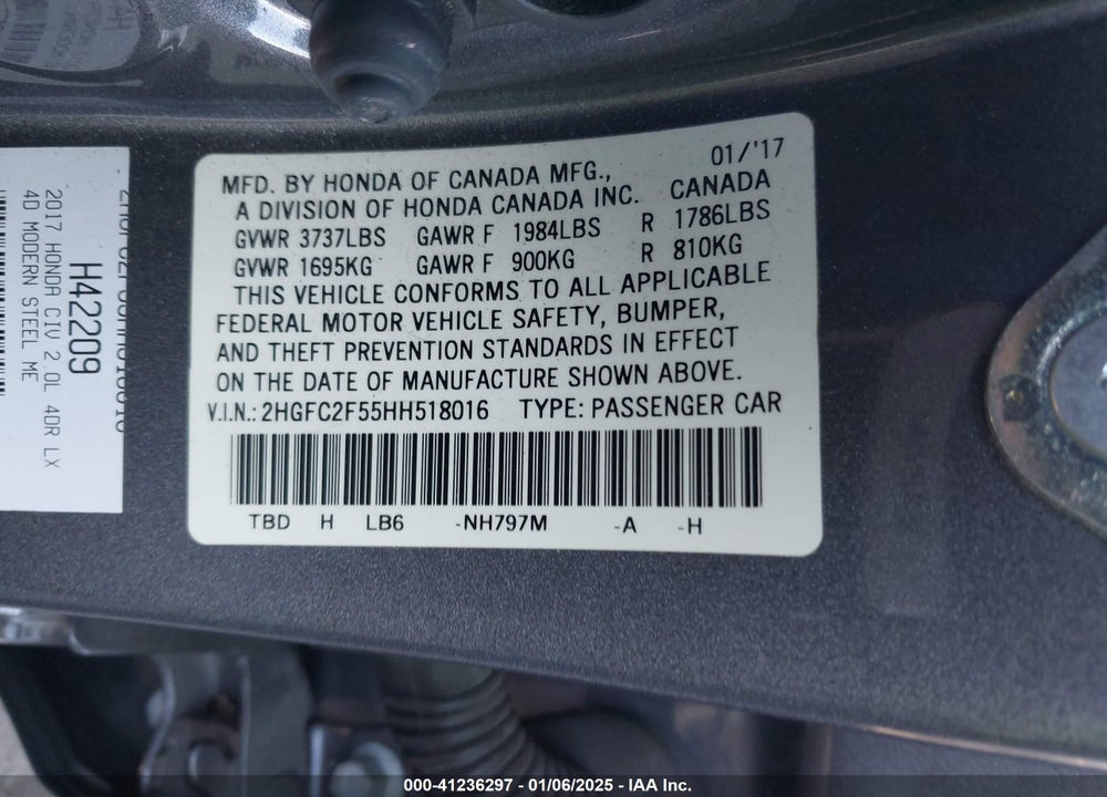 2017 HONDA CIVIC LX VIN: 2HGFC2F55HH518016