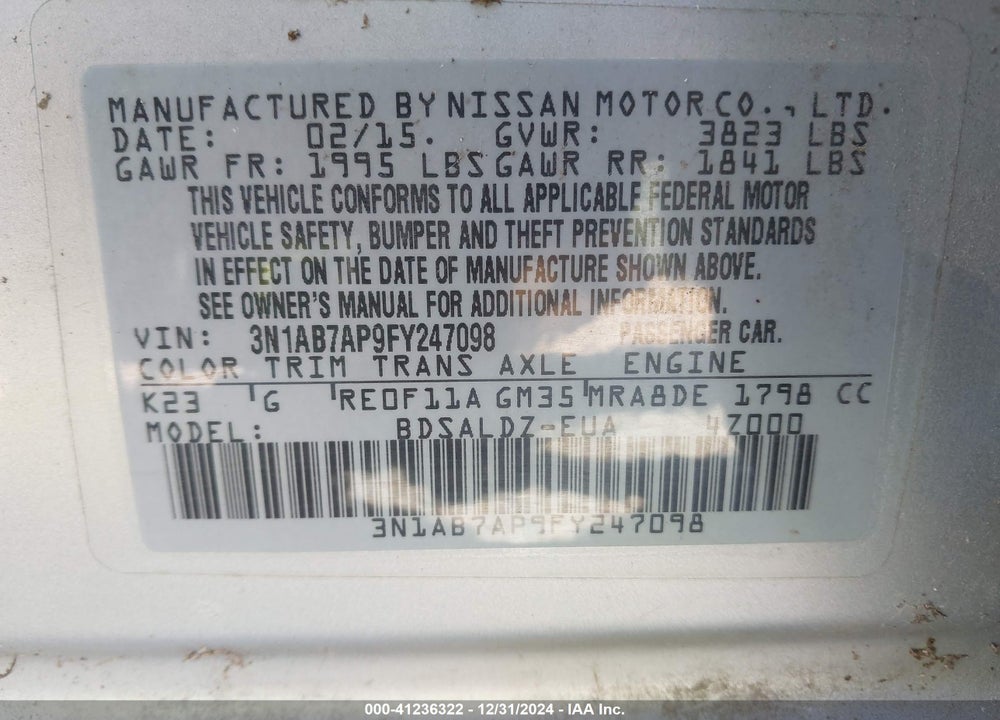 2015 NISSAN SENTRA VIN: 3N1AB7AP9FY247098