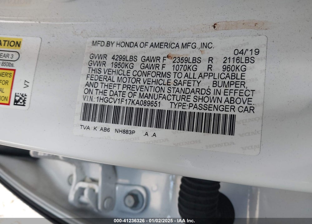 2019 HONDA ACCORD VIN: 1HGCV1F17KA089651