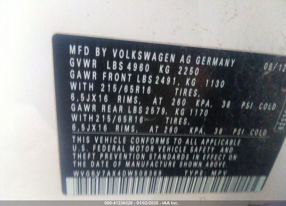 2013 VOLKSWAGEN TIGUAN S VIN: WVGBV7AX4DW508369