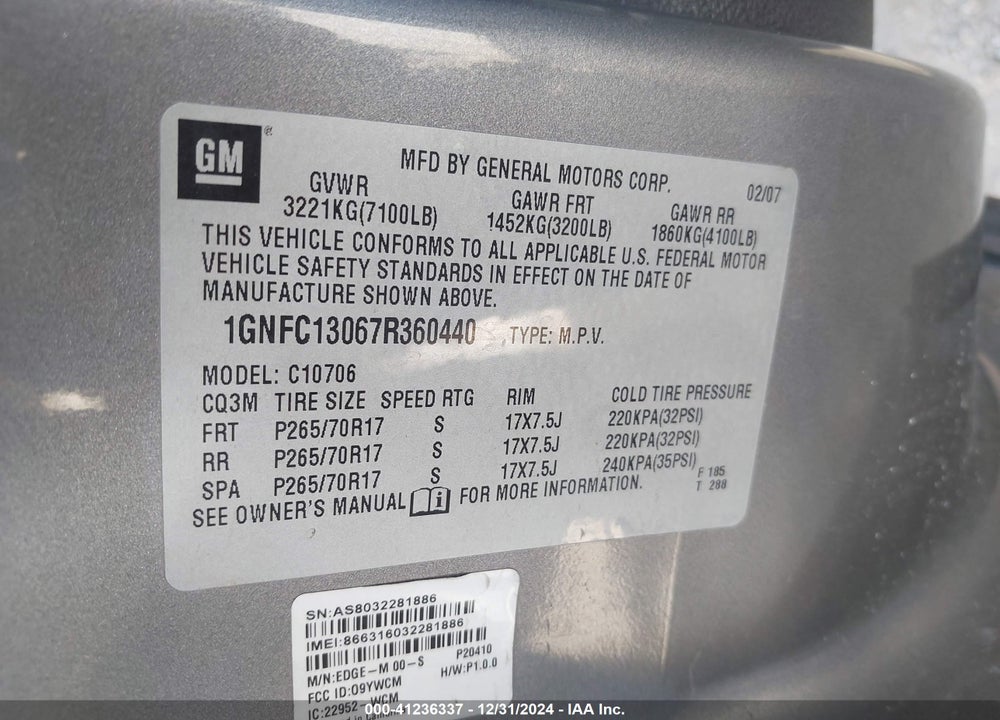 2007 CHEVROLET TAHOE LS VIN: 1GNFC13067R360440