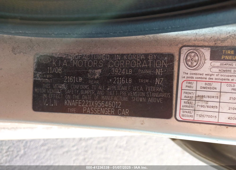 2009 KIA SPECTRA EX VIN: KNAFE221X95646012