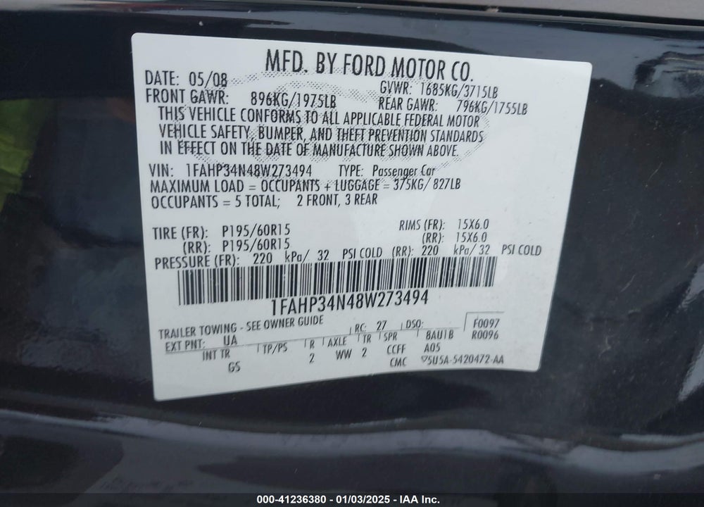 2008 FORD FOCUS S VIN: 1FAHP34N48W273494