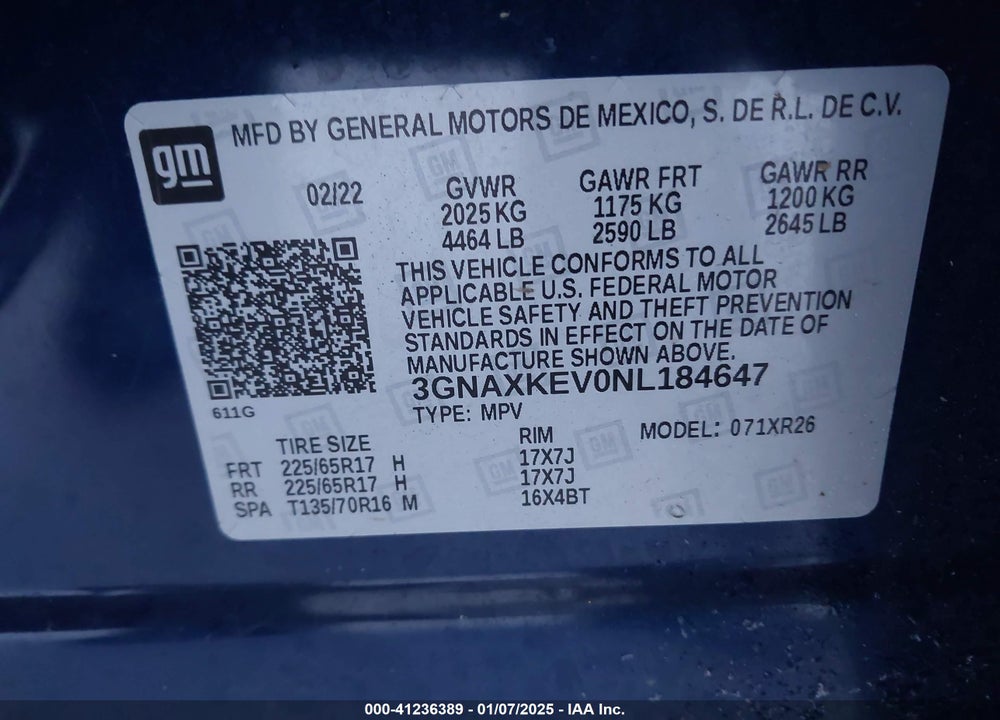 2022 CHEVROLET EQUINOX VIN: 3GNAXKEV0NL184647