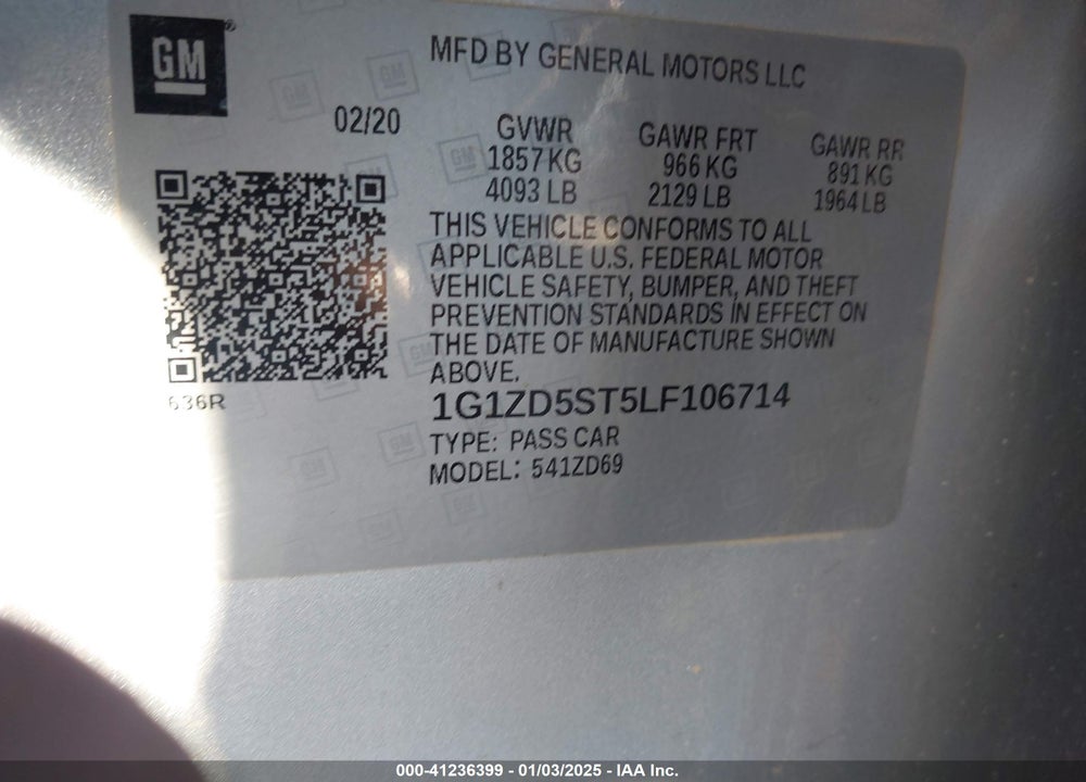 2020 CHEVROLET MALIBU FWD LT VIN: 1G1ZD5ST5LF106714