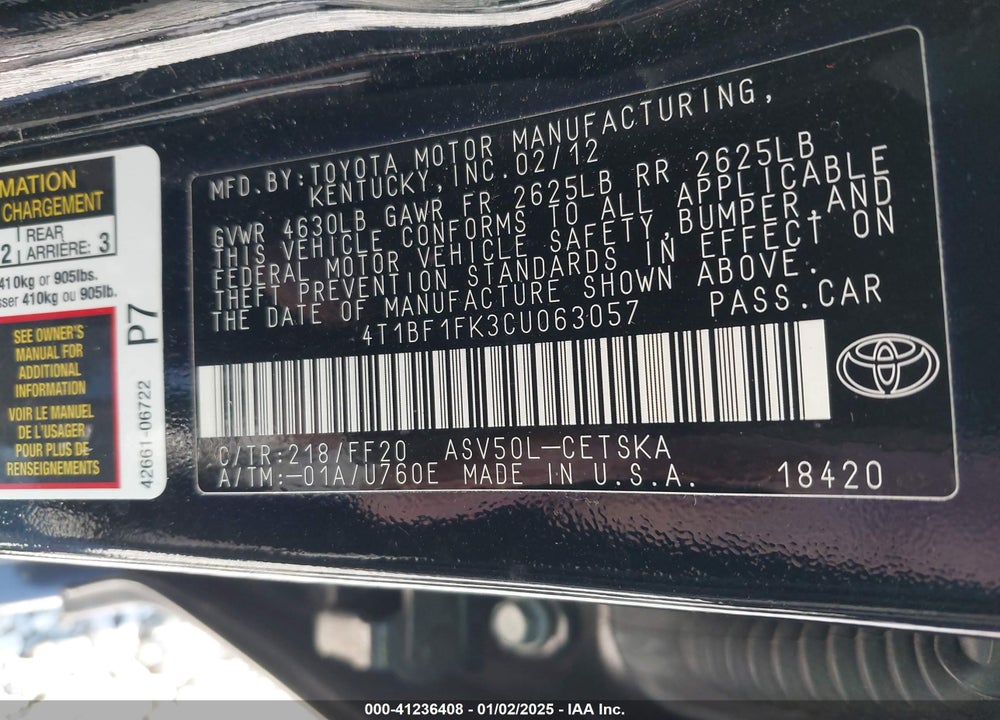 2012 TOYOTA CAMRY SE VIN: 4T1BF1FK3CU063057