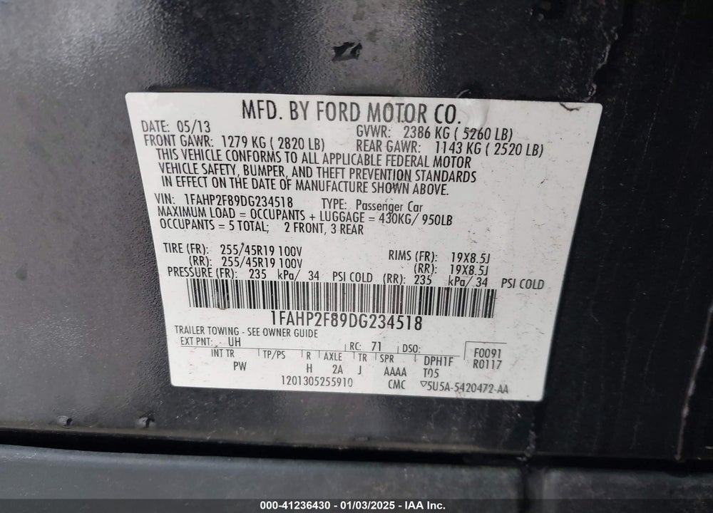 2013 FORD TAURUS LIMITED VIN: 1FAHP2F89DG234518