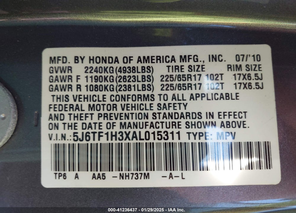2010 HONDA ACCORD CROSSTOUR EX VIN: 5J6TF1H3XAL015311
