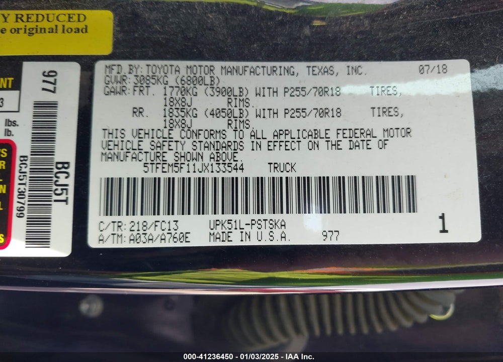 2018 TOYOTA TUNDRA VIN: 5TFEM5F11JX133544