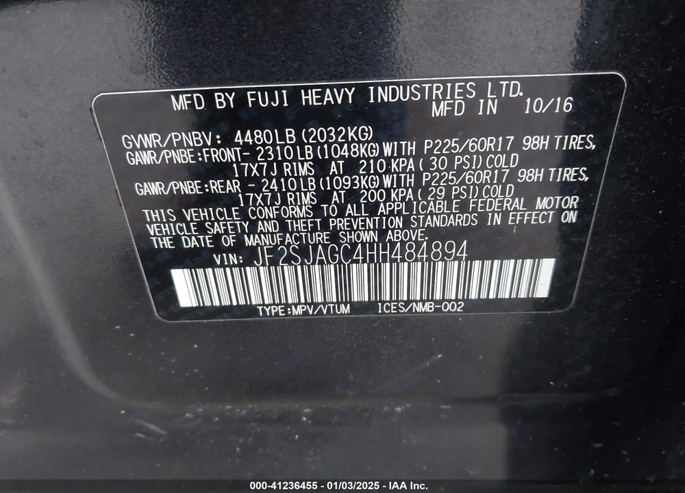 2017 SUBARU FORESTER 2.5I PREMIUM VIN: JF2SJAGC4HH484894