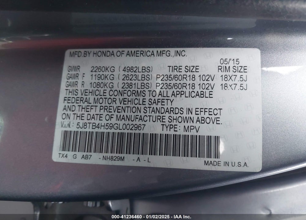 2016 ACURA RDX TECHNOLOGY   WATCH PLUS PACKAGES/TECHNOLOGY PACKAGE VIN: 5J8TB4H59GL002967