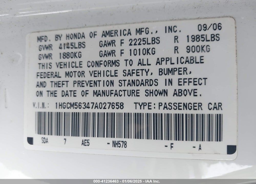 2007 HONDA ACCORD 2.4 SE VIN: 1HGCM56347A027658