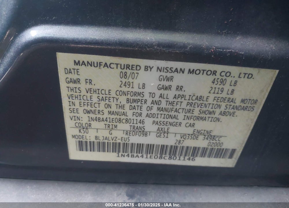 2008 NISSAN MAXIMA 3.5 SE VIN: 1N4BA41E08C801146