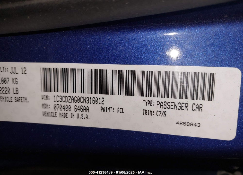 2012 DODGE AVENGER VIN: 1C3CDZAG0CN316012