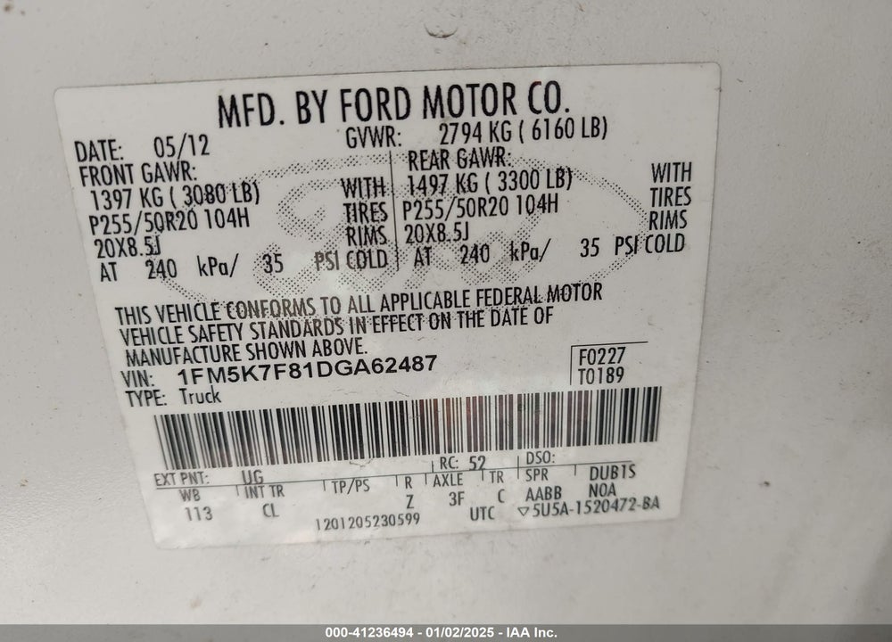 2013 FORD EXPLORER LIMITED VIN: 1FM5K7F81DGA62487