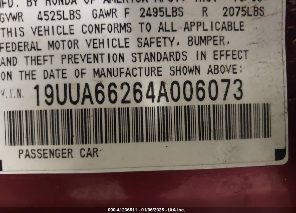 2004 ACURA TL VIN: 19UUA66264A006073