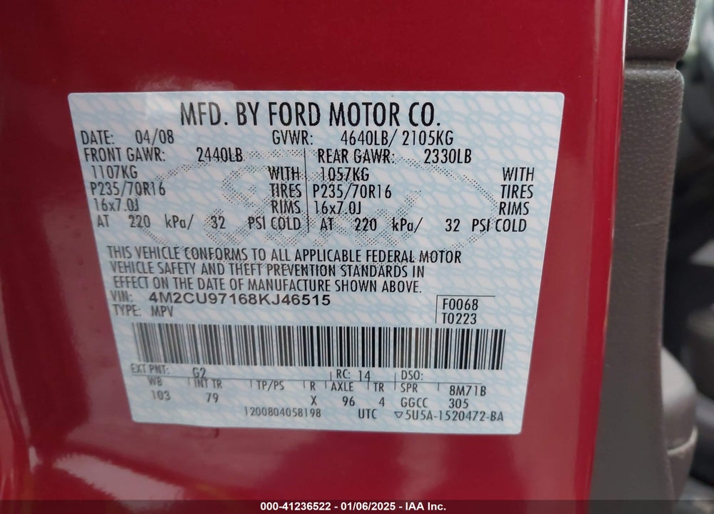 2008 MERCURY MARINER PREMIER VIN: 4M2CU97168KJ46515