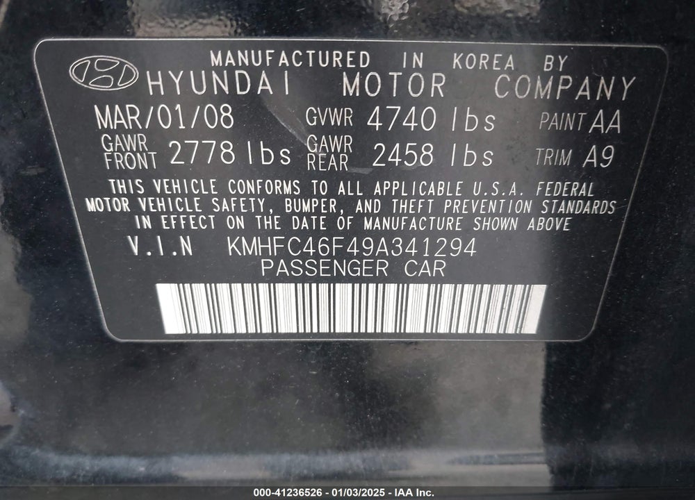 2009 HYUNDAI AZERA LIMITED VIN: KMHFC46F49A341294