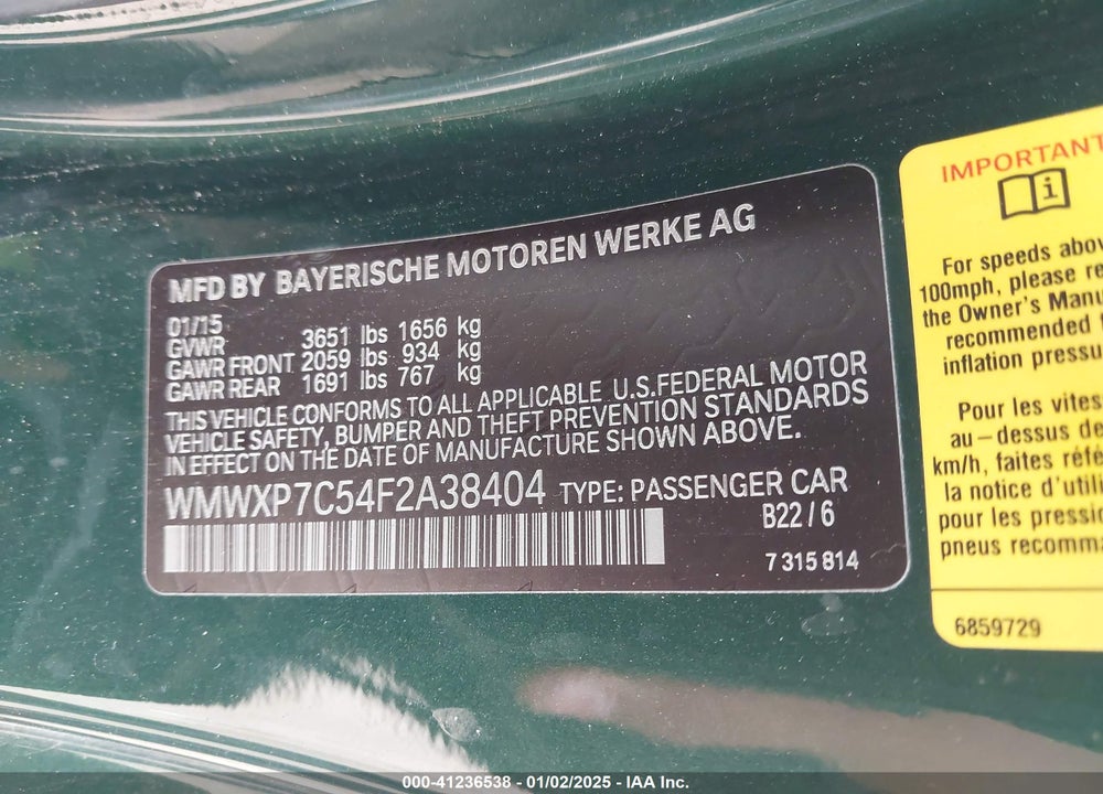 2015 MINI HARDTOP COOPER S VIN: WMWXP7C54F2A38404