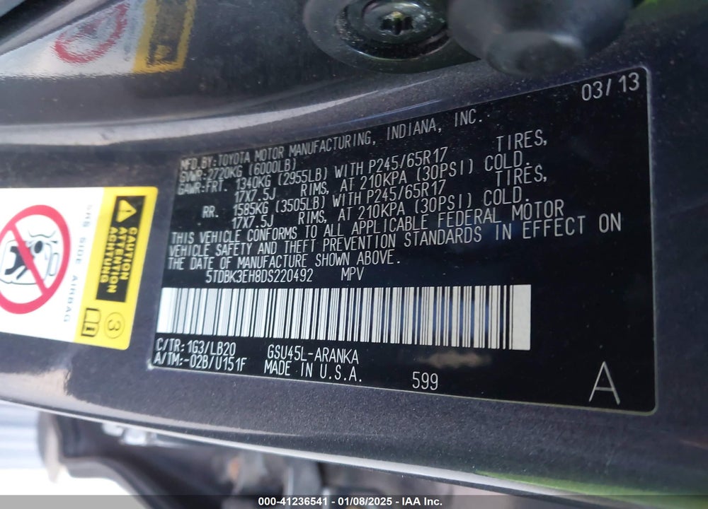 2013 TOYOTA HIGHLANDER SE V6 VIN: 5TDBK3EH8DS220492